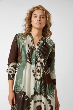 Van Laack Australia | Van Laack Knee-Length Slip-On Dress With A Stand-Up Collar And Ruffles With A Tropical Leaf Print Made From A Viscose-Linen Blend Women P082159