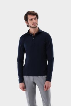Van Laack Australia | Van Laack Longsleeve Swiss Cotton Jersey Poloshirt Navy Men P082693