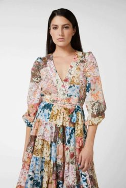 Van Laack Australia | Van Laack Midi Wrap Dress With Puff Sleeves And Floral Patchwork Print Made Of Cotton Voile Women P082166