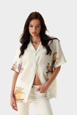 Van Laack Australia | Van Laack Printed Linen Shirt Short Sleeves Women P08286