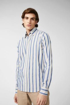 Van Laack Australia | Van Laack Sun Bleached Broad Striped Button Down Collar Cotton Shirt Men P082590